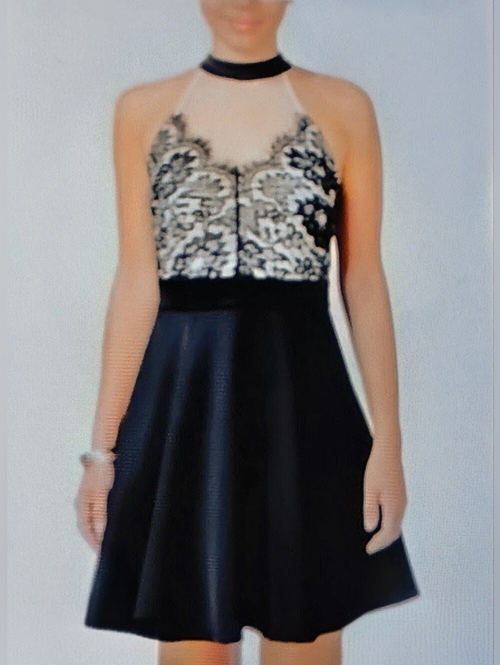 Black Lace on Nude Illusion Bodice Halter Fit & Flare Dress Sz S NWOT